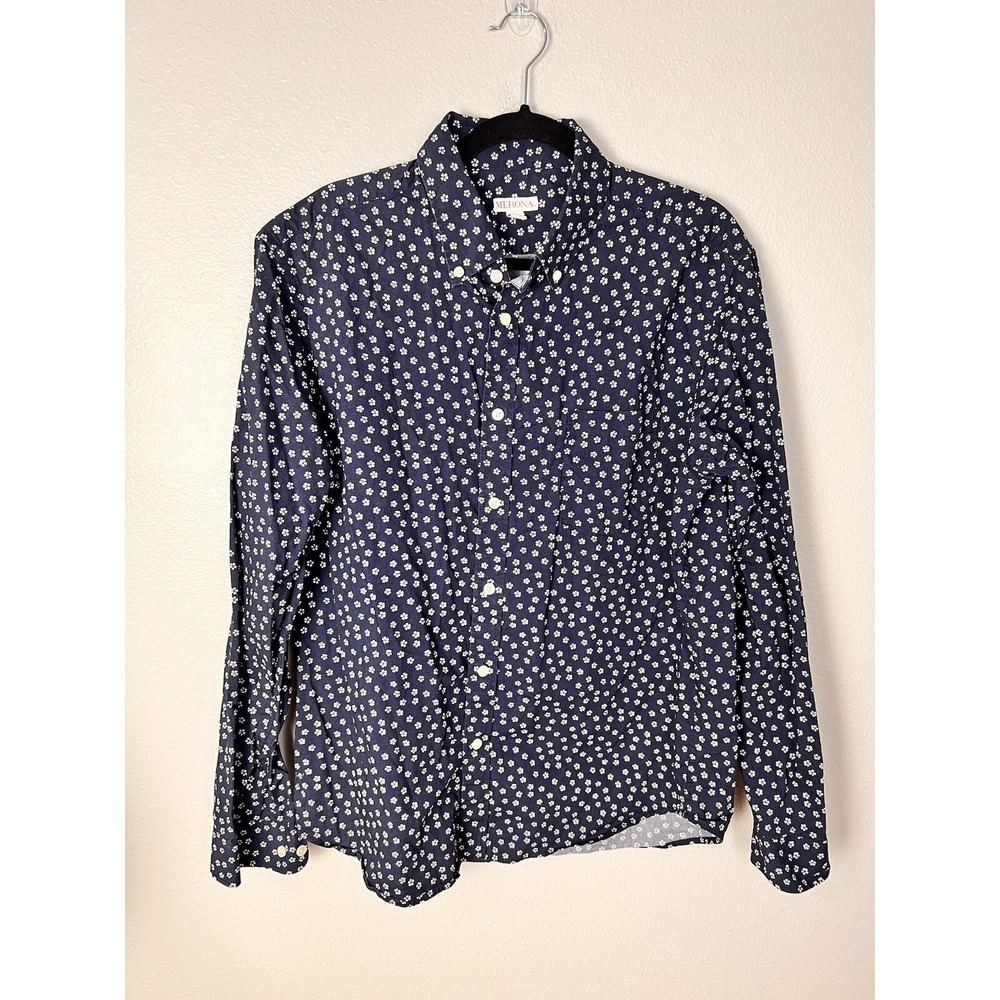 MERONA Mens Navy Blue White‎ Button Down Dress Shirt Long Sleeve Sz Large